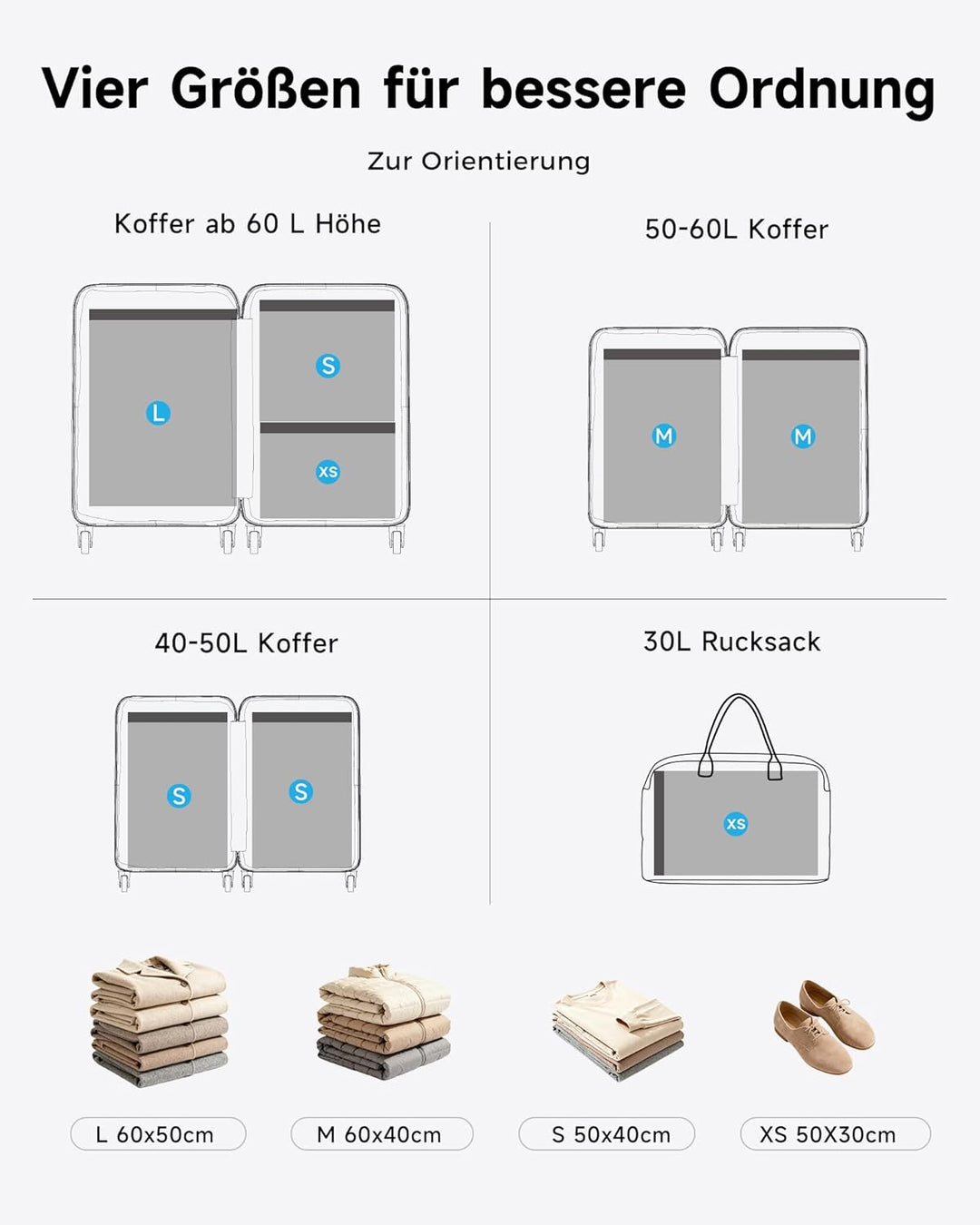 Vakuumbeutel für kleidung mit kabellose Vakuumpumpe, 12 Stück in 4 Grössen (60×50 cm / 60×40 cm / 50