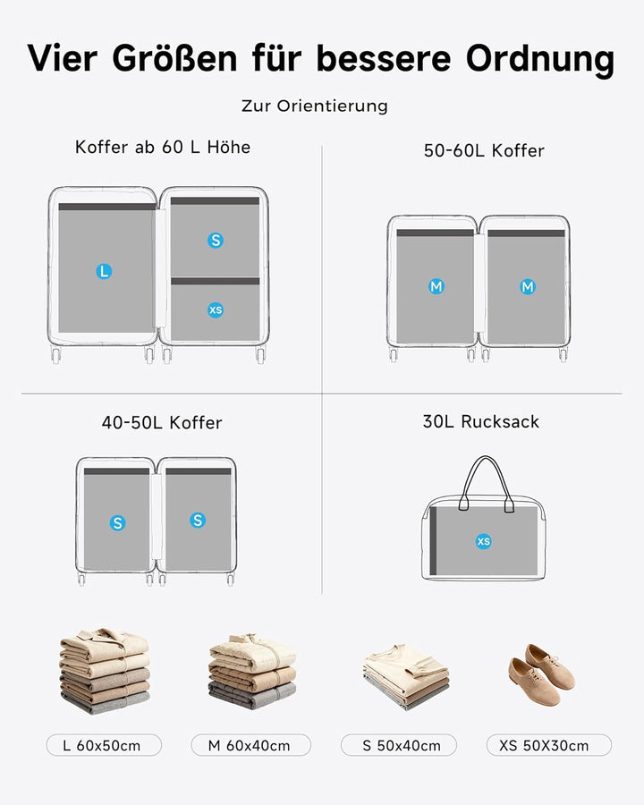 Vakuumbeutel für kleidung mit kabellose Vakuumpumpe, 8 Stück in 4 Grössen (60×50 cm / 60×40 cm / 50×
