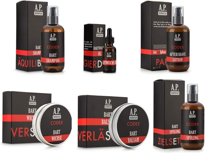 A.P. Donovan - Pflege Set für Männer | mit Bartbalsam, Bartwax, Bartspülung, Bartwuchsöl, Bartshampo