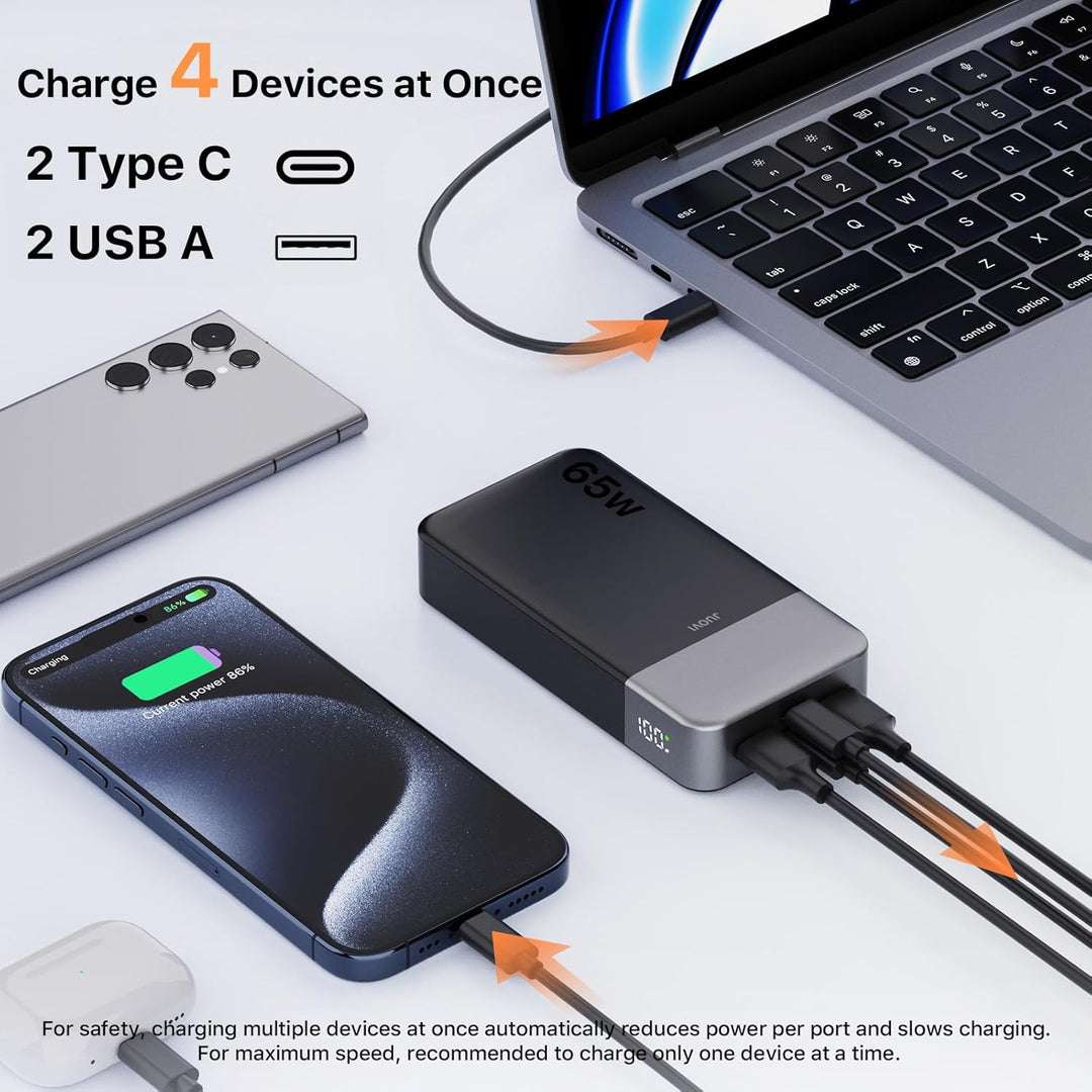 JUOVI Power Bank 65W 20000mAh Laptop Tragbarer Ladegerät, PD QC Schnellladefunktion Akku Pack mit 2