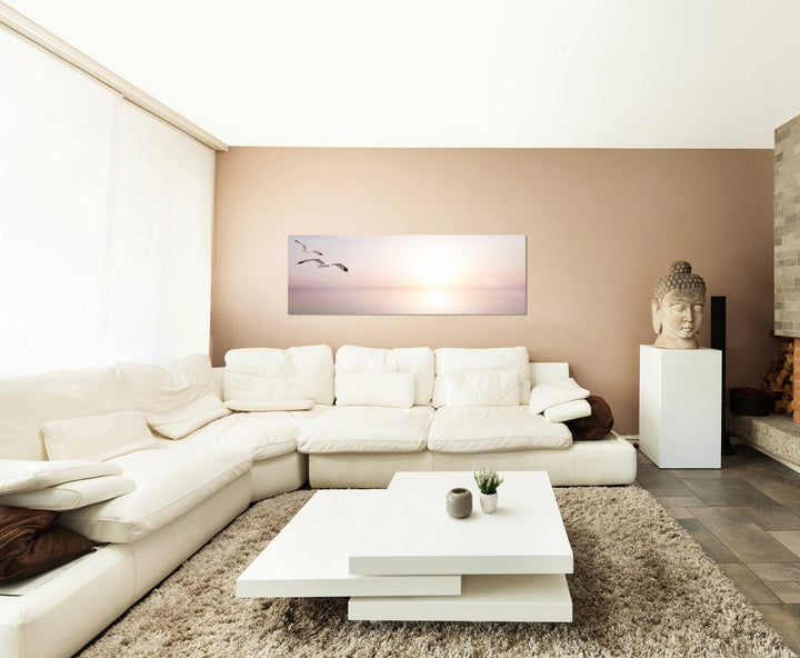 Paul Sinus Art Panoramabild auf Leinwand und Keilrahmen 150x50cm Meer Sonnenlicht Möwen abstrakt