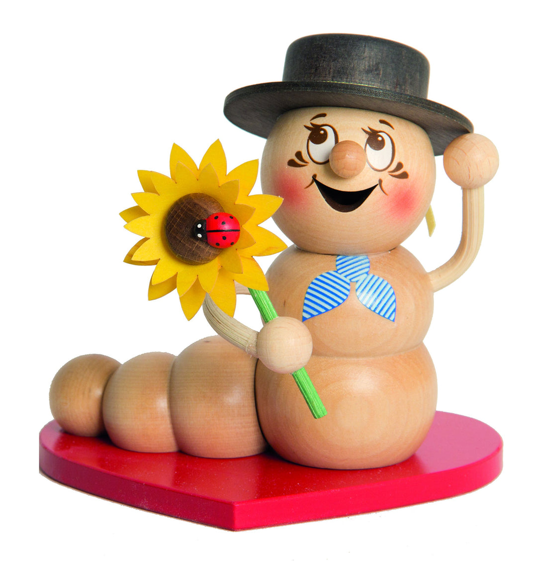 Drechslerei Kuhnert Rauchmann / Räucherfigur - Rauchwurm aus Holz - Rudi & Rosi - Motiv: Herz-Rudi -