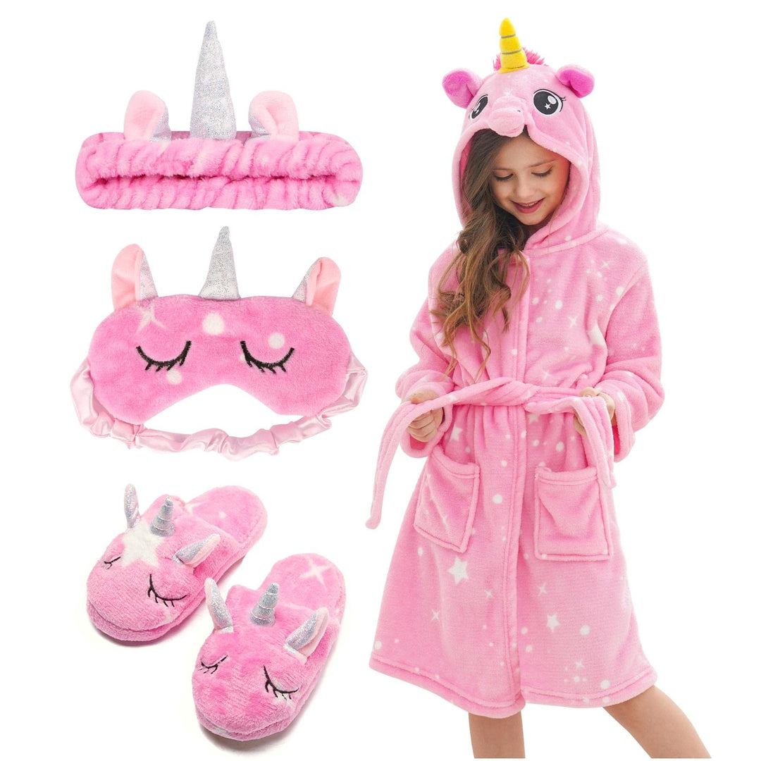 Piefry Weicher Einhorn-Bademantel mit Kapuze für Mädchen mit Einhorn-Pantoffeln, Augenbinde und Stir