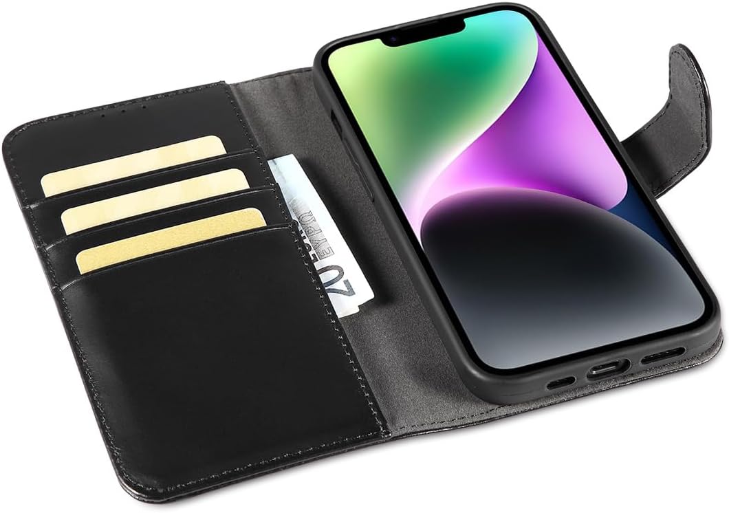 LENSUN Echtleder Hülle für iPhone 14, Bookstyle Handytasche - Glatt Schwarz | Handyhülle Echtes Lede