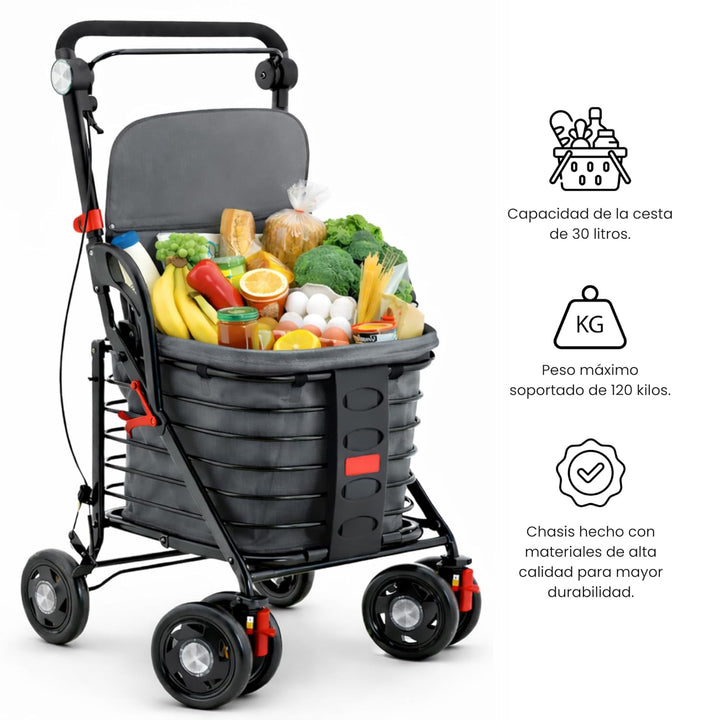 GARMOL Relax Einkaufstrolley mit gepolstertem Sitz, 30 l, faltbar, mit Handbremse und Sicherheit, Ve