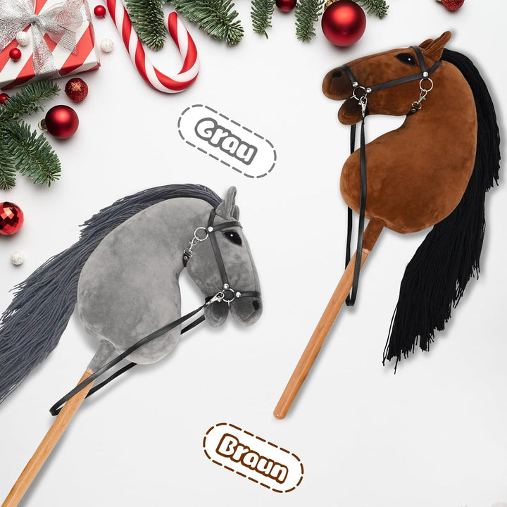 Hobby Horse für Kinder, Steckenpferd Spielzeug Pferd mit Halfter und Zügeln, Holzpferd Plüschpferd S