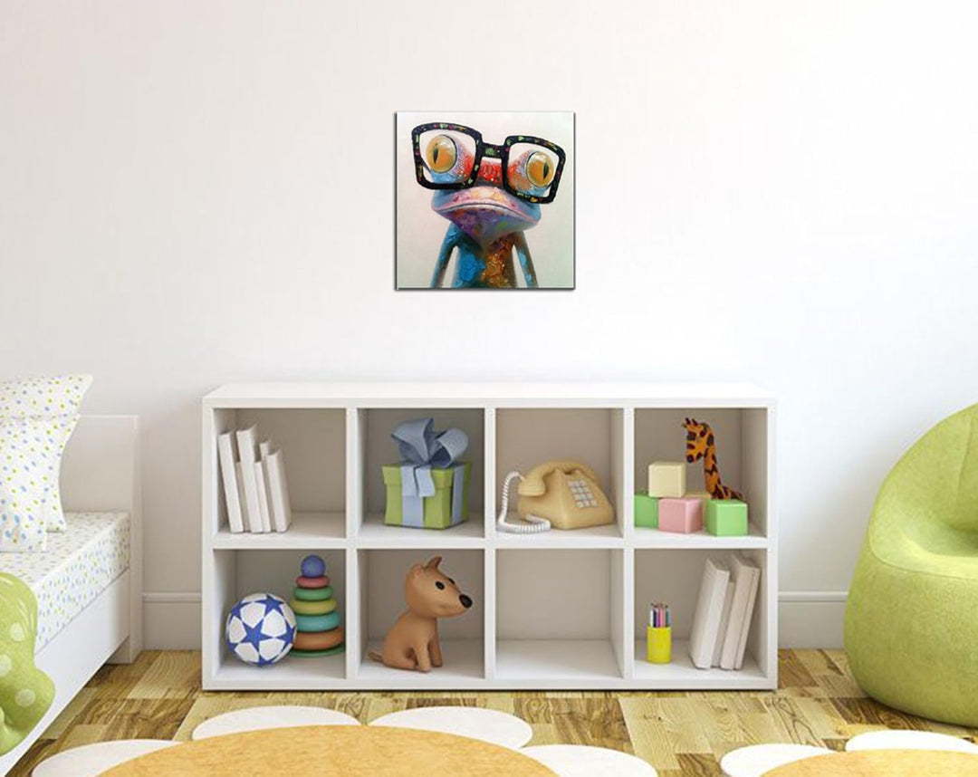 Fokenzary handgemaltes Ölgemälde auf Leinwand niedlicher Frosch mit Brille fertig gespannt und gerah