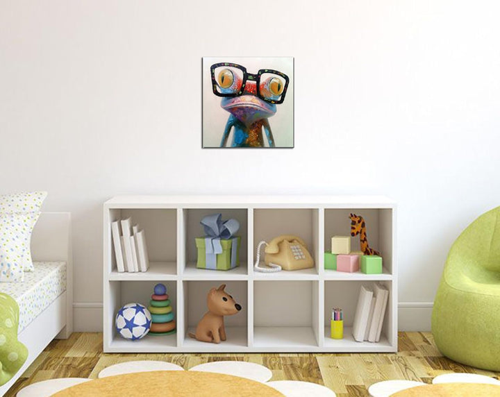 Fokenzary handgemaltes Ölgemälde auf Leinwand niedlicher Frosch mit Brille fertig gespannt und gerah