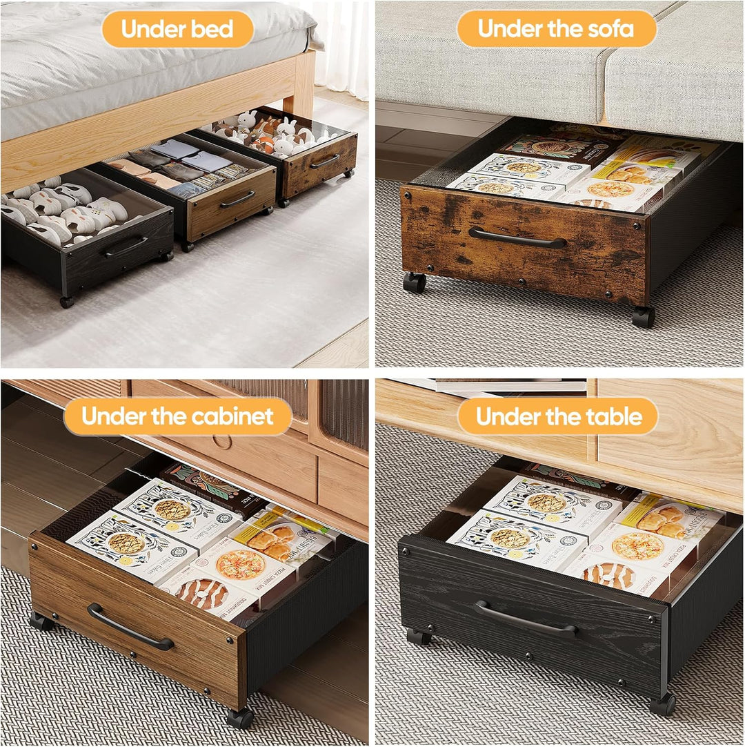 Holz-Unterbett-Aufbewahrung mit Rollen, 80L Extra-grosse rollende Unterbett-Aufbewahrungsboxen 2er-P