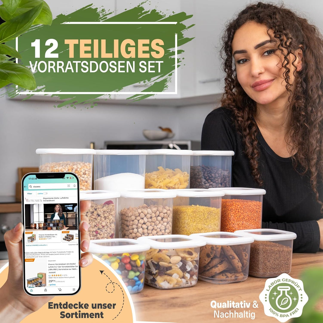 VIWARES Vorratsdosen mit Deckel | 12er Vorratsbehälter Set | BPA-FREI | Zur Müsli Mehl und Zucker Au