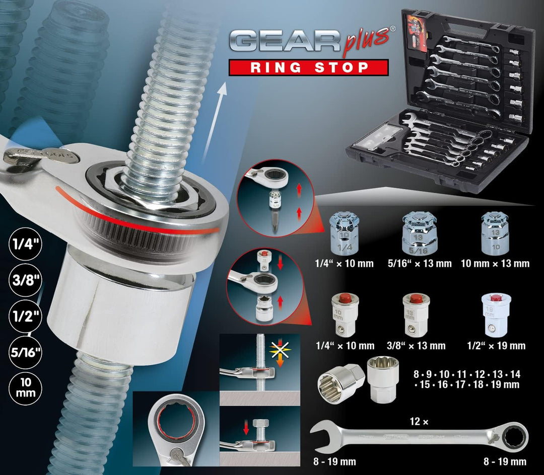 KS Tools 503.4960 GEARplus RINGSTOP-Ratschenringmaulschlüssel-Satz, 30-tlg mit Adapter Single, Singl