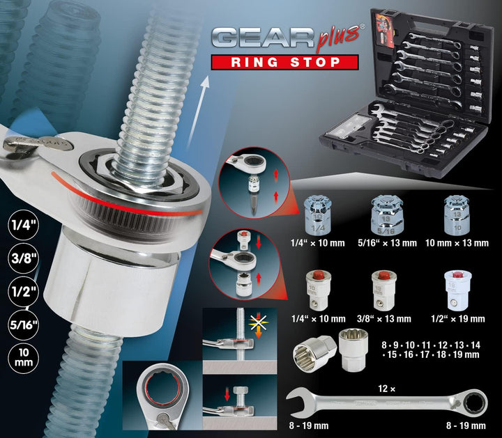 KS Tools 503.4960 GEARplus RINGSTOP-Ratschenringmaulschlüssel-Satz, 30-tlg mit Adapter Single, Singl