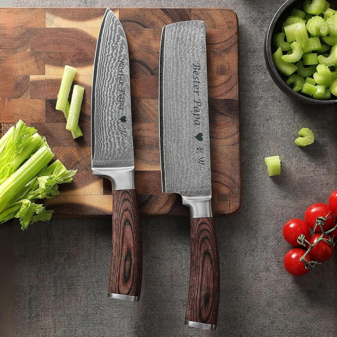 Wakoli Edib 2er Damastmesser Set mit Gravur – Personalisiertes Messer-Set, Santoku & Nakiri (17/17,5