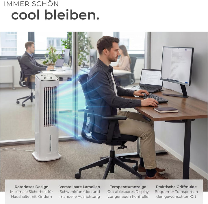 tectake® Luftkühler, 4in1, extrem leise, energiesparend, mit 5 l Wassertank, Touch-Display, 3 Modi,