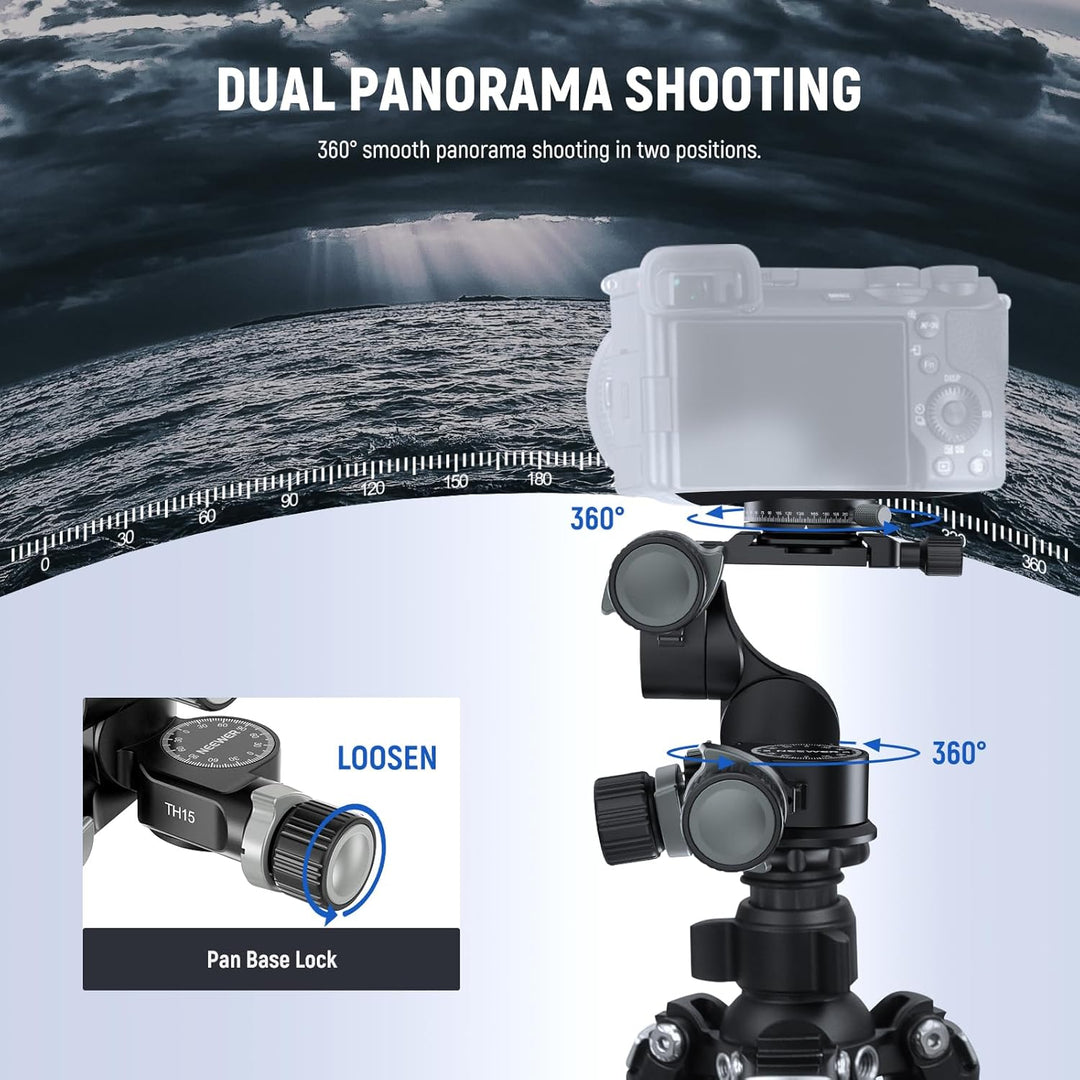 NEEWER TH15 3-Wege-Getriebe-Stativkopf mit 360°-Panorama-Arca-QR-Platte, Millimeter-Mikroeinstellung