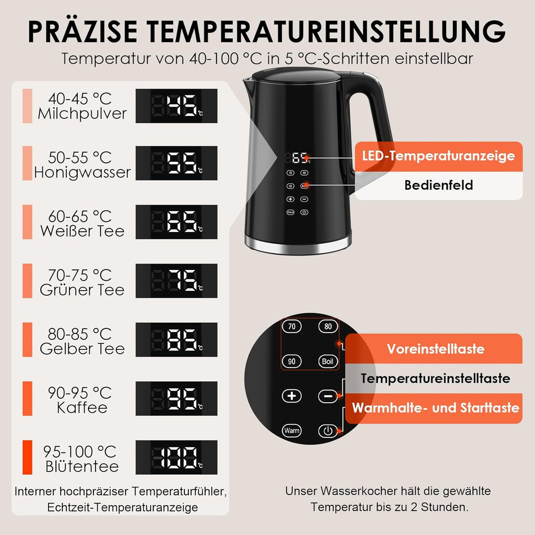 VORSCH Wasserkocher Edelstahl 1,7 L mit LCD-Temperaturanzeige, Temperaturwahl 40-100 °C, Trockengehs