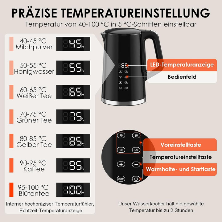 VORSCH Wasserkocher Edelstahl 1,7 L mit LCD-Temperaturanzeige, Temperaturwahl 40-100 °C, Trockengehs