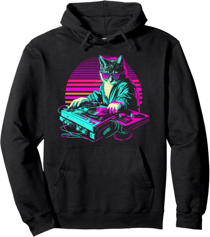 House DJ Cat 80er 90er Kätzchen Sunset Rainbow DJ Cat Kitty Pullover Hoodie