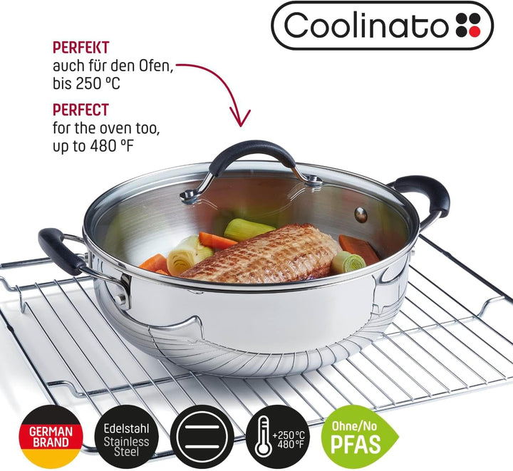 Coolinato - Edelstahl Schmortopf 24 cm mit Silikongriffen & Glasdeckel – Schmorpfanne mit 3,8 l Volu