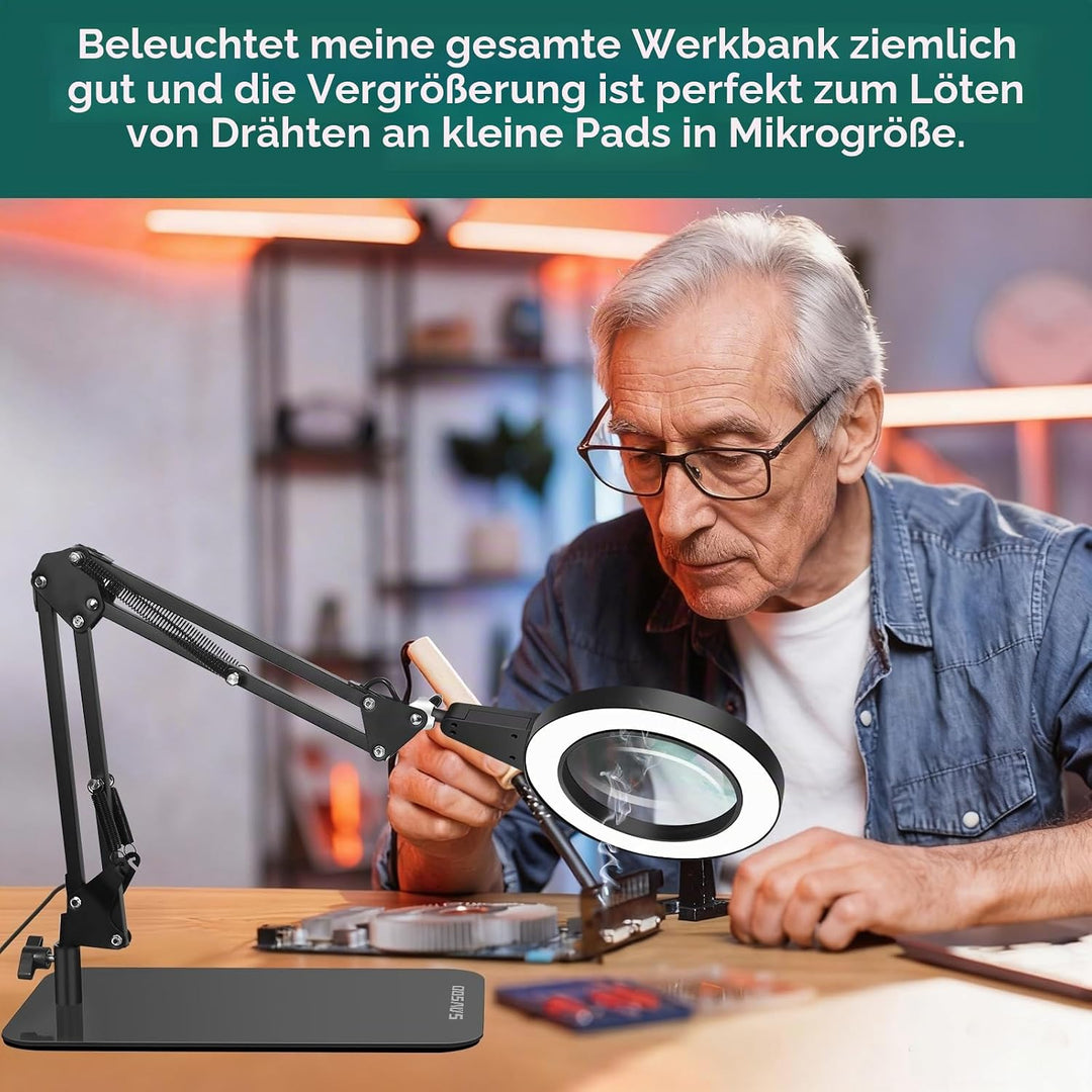 Lupe mit Licht und Ständer, Touch-Steuerung, 2-in-1 LED Lupenleuchte, Schreibtischlampe mit grossem