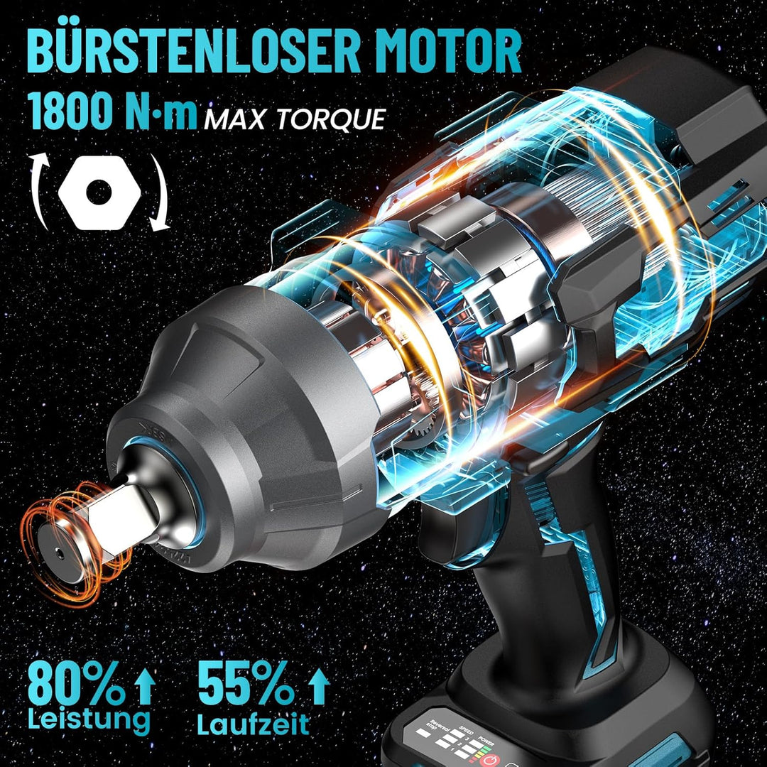 Seesii 1800Nm Akku-Schlagschrauber, 3/4 Zoll Schlagschrauber Akku Bürstenlos mit 2x5000mAh, 3-Gang-G