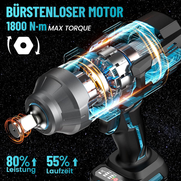 Seesii 1800Nm Akku-Schlagschrauber, 3/4 Zoll Schlagschrauber Akku Bürstenlos mit 2x5000mAh, 3-Gang-G