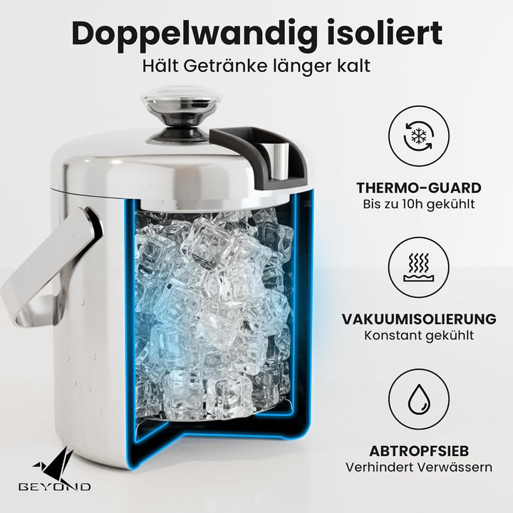 Beyond Eiswürfelbehälter mit Deckel und Zange 100% bpa frei aus Edelstahl - Eiswürfelkühler, doppelw