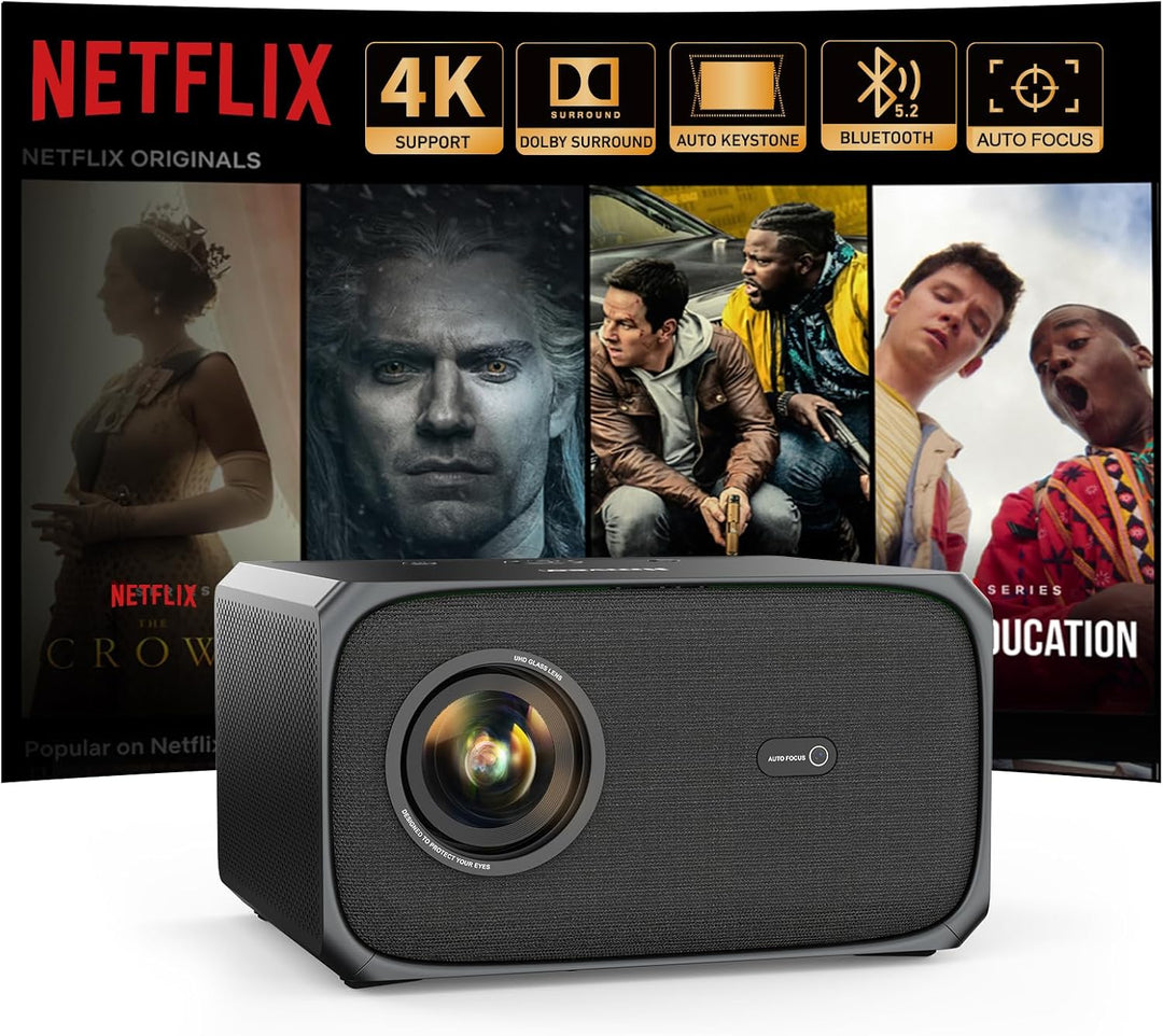 Beamer 4K Passend für Netflix Dolby Audio 35000L 1080P FHD Smart Beamer Heimkino, KI-Autofokus & Tra