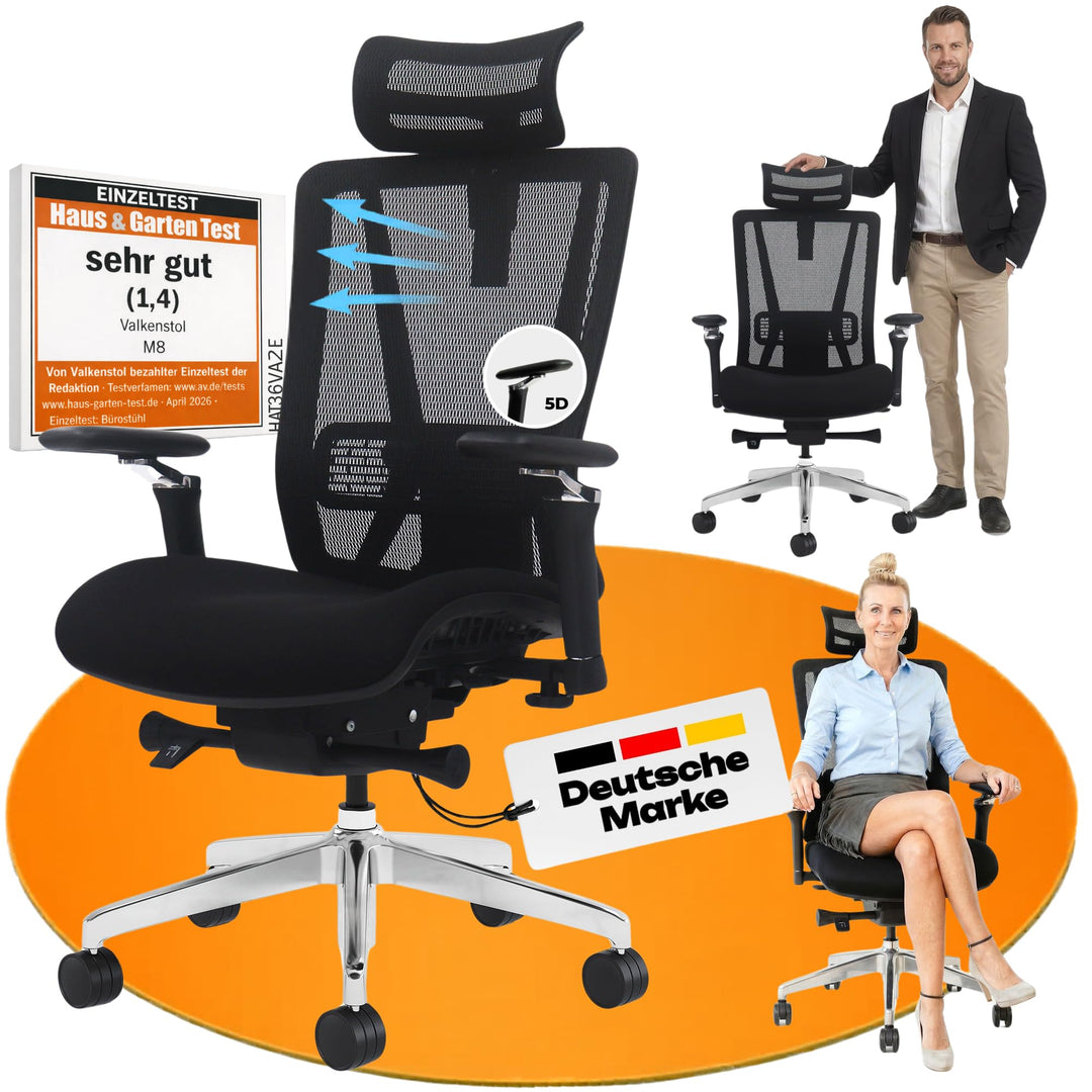 VALKENSTOL M8 Bürostuhl Ergonomisch Testsieger für Grosse Menschen, Breite Sitzfläche Schreibtischst