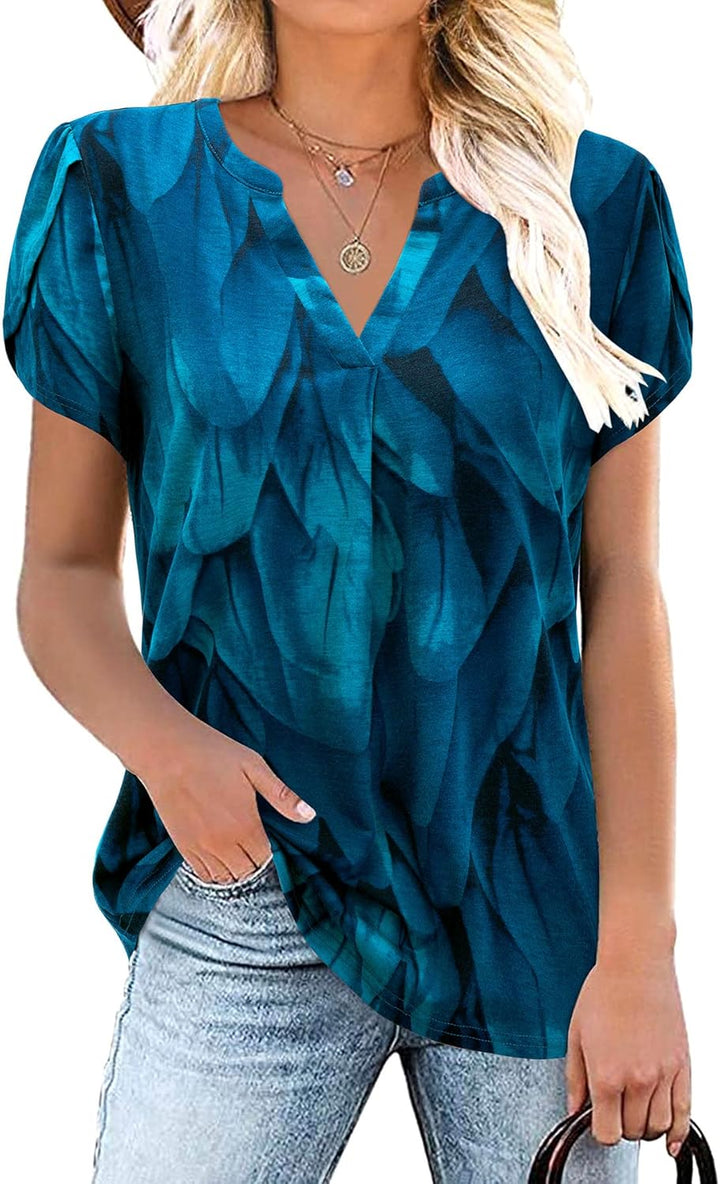 Siddhe Damen Bluse Kurzarm T-Shirts V-Ausschnitt Elegant Lässig Tunika Oberteil Locker Longshirt Pfa