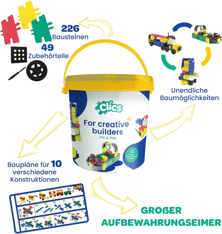 CLICS Konstruktionsspielzeug für Kinder ab 3 Jahre, kreatives Lernspielzeug im 275 Teile Set, Bauste