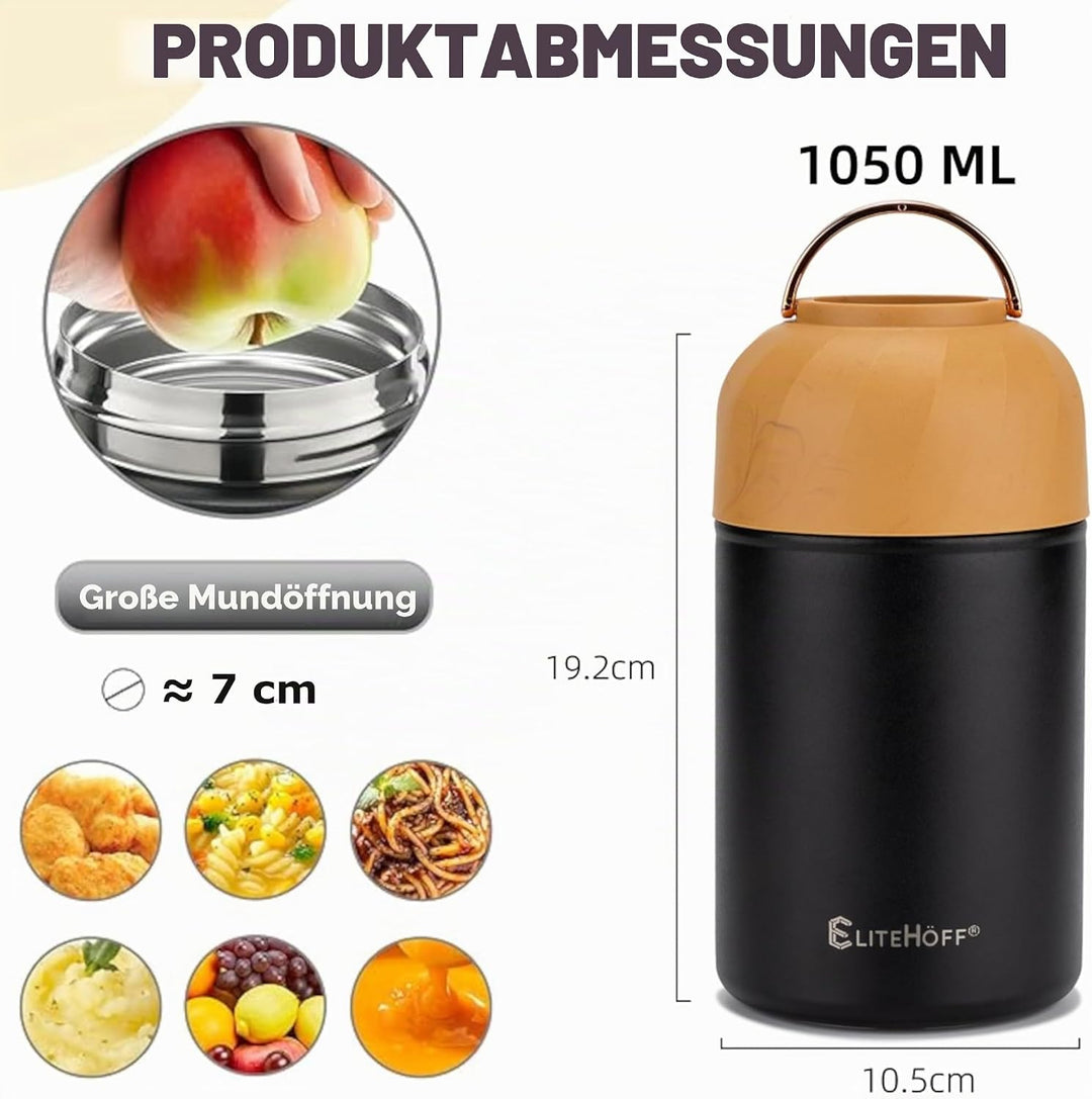 EliteHoff Thermobehälter für Essen, 1 L, Wärmebehälter für Speisen aus Edelstahl mit Löffel, Auslauf