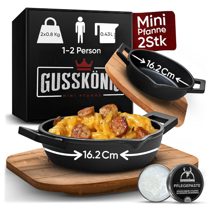 GUSSKÖNIG Gusseisen Grillpfännchen Set (2-teilig) Ø 11 cm – Voreingebrannte Gusseisenpfannen für Gri