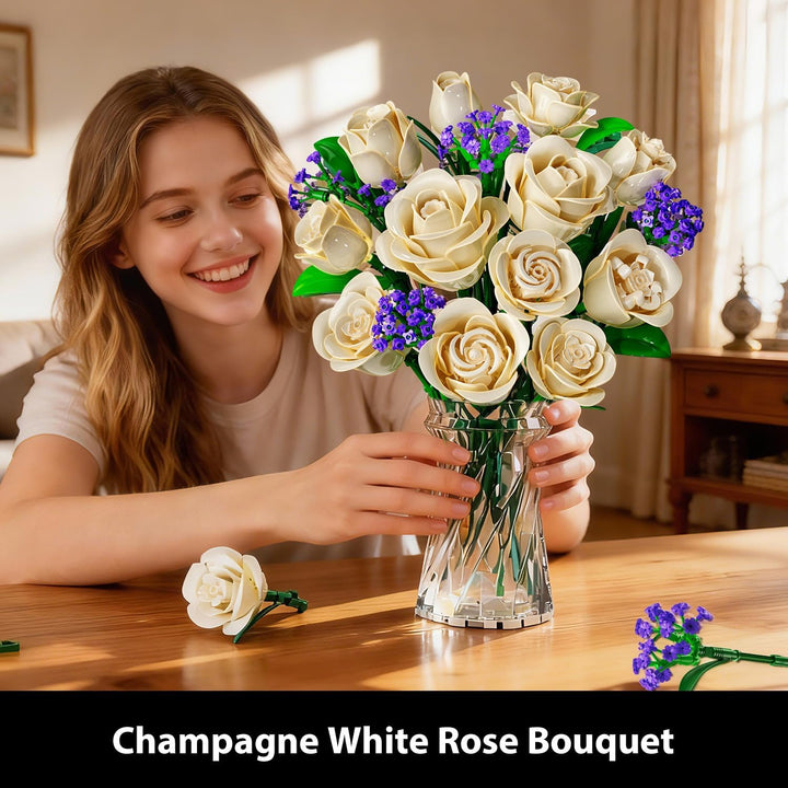 Weisse Rosenblumenstrauss-BAU Set 523 Teile Pflanzen-Sammlung Bausteinspielzeug, 12 Blumen als Heim-