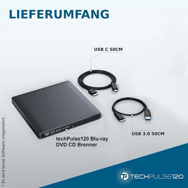techPulse120 USB 3.0 Typ-C externer Blu-ray Brenner 3D M-Disc BDXL 100GB Burner Superdrive Blueray L