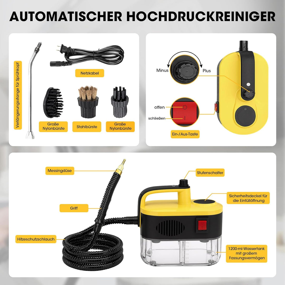 Dampfreiniger Hochdruckreiniger 6-stufig, 10s Aufheizzeit, 1200ml sichtbarer Tank, 105°C, 3,5Bar,Was