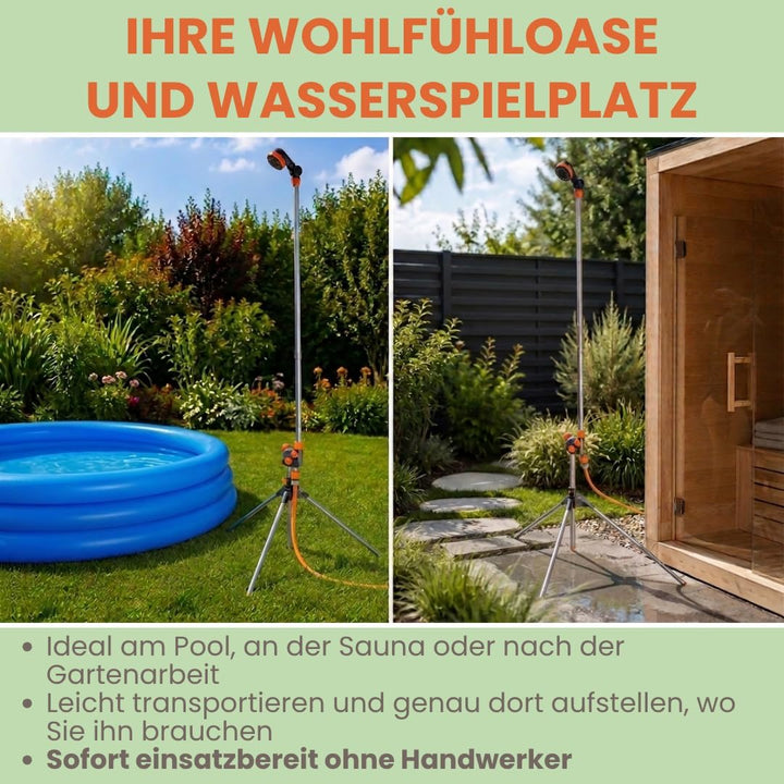 Verstellbare Gartendusche mit 3 Funktionen Höhe 150–210 cm | Tragbare 3in1 Aussendusche mit Alu-Drei