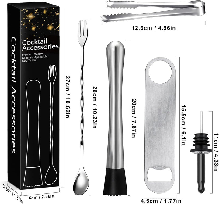Professionelles Cocktail Set (6-teilig), Edelstahl Stampfer, Cocktail Stössel,Barlöffel Lang,messbec