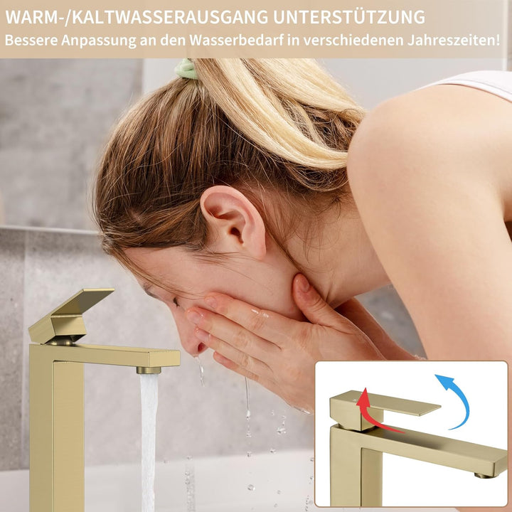 Wasserhahn Bad Gold - Waschtischarmatur Hoch aus Edelstahl mit Geräuscharmem Keramischem Ventilkern,