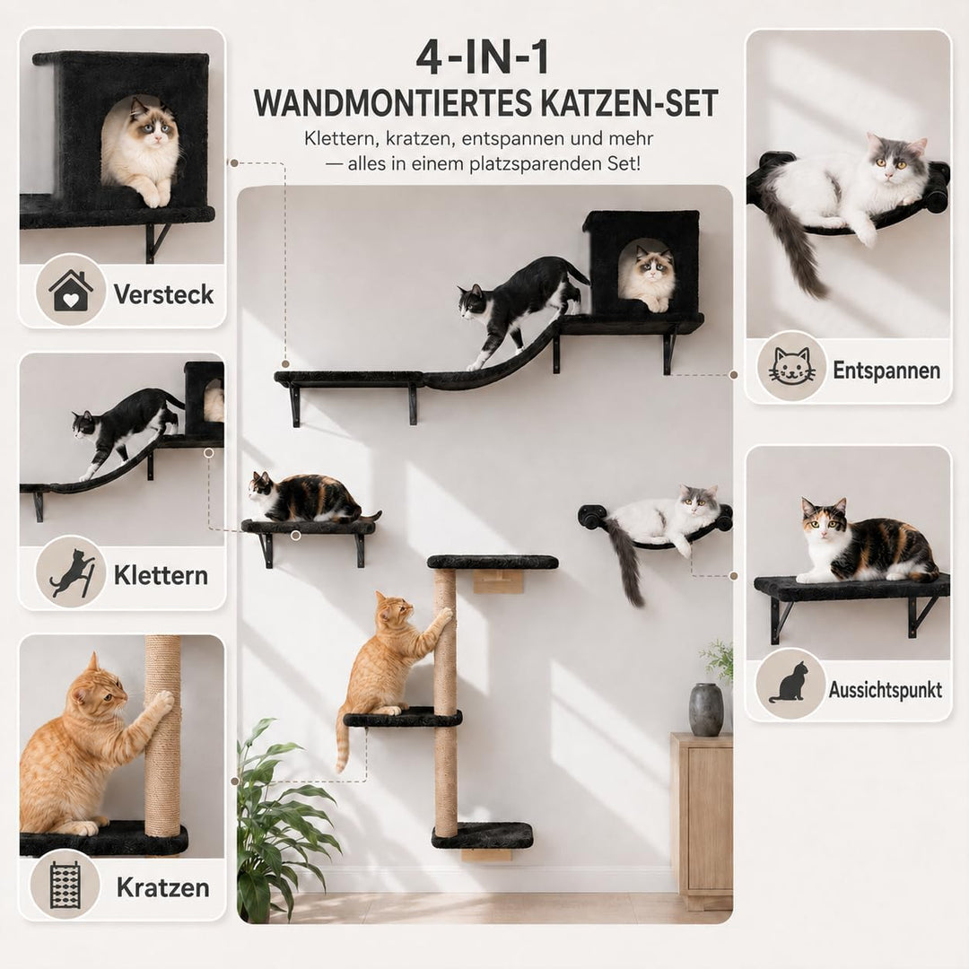 Kletterwand Katzen Set, 4-in-1 Katzen Kletterwand Set, Stabiler Katzenmöbel mit Hängematte, Katzenha