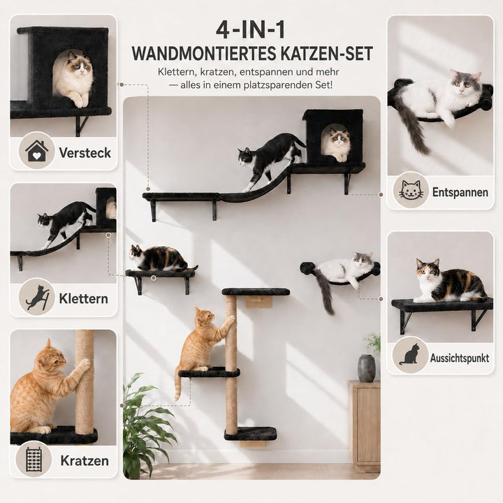 Kletterwand Katzen Set, 4-in-1 Katzen Kletterwand Set, Stabiler Katzenmöbel mit Hängematte, Katzenha