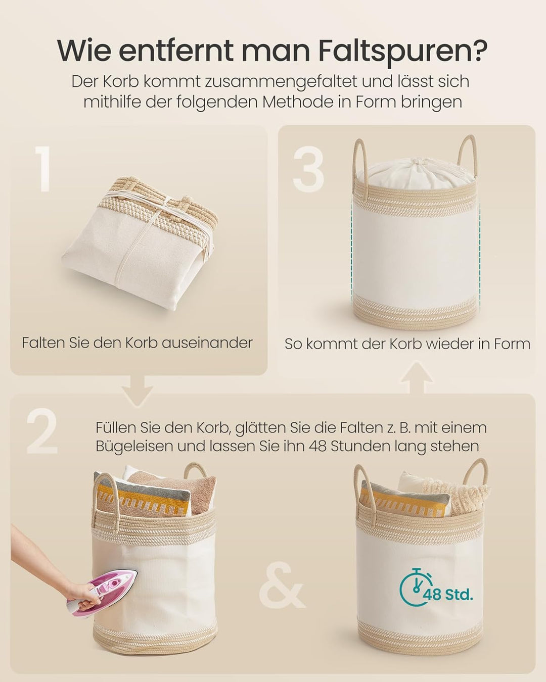 SONGMICS Wäschekorb Baumwollseil Aufbewahrungskorb mit Henkel | Wäschesammler, für Decken, 60 L, wol