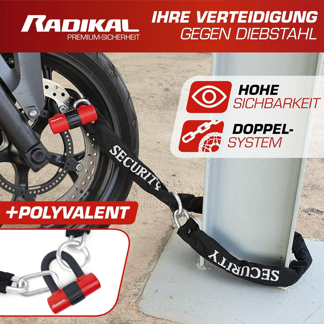 RADIKAL RK72120L Diebstahlsicherung Motorrad 2 in 1 Doppelfunktion Kettenschlaufe 120 cm und Mini U