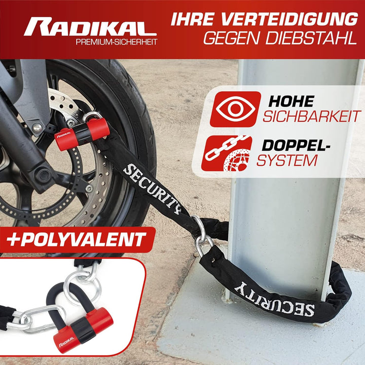 RADIKAL RK72120L Diebstahlsicherung Motorrad 2 in 1 Doppelfunktion Kettenschlaufe 120 cm und Mini U