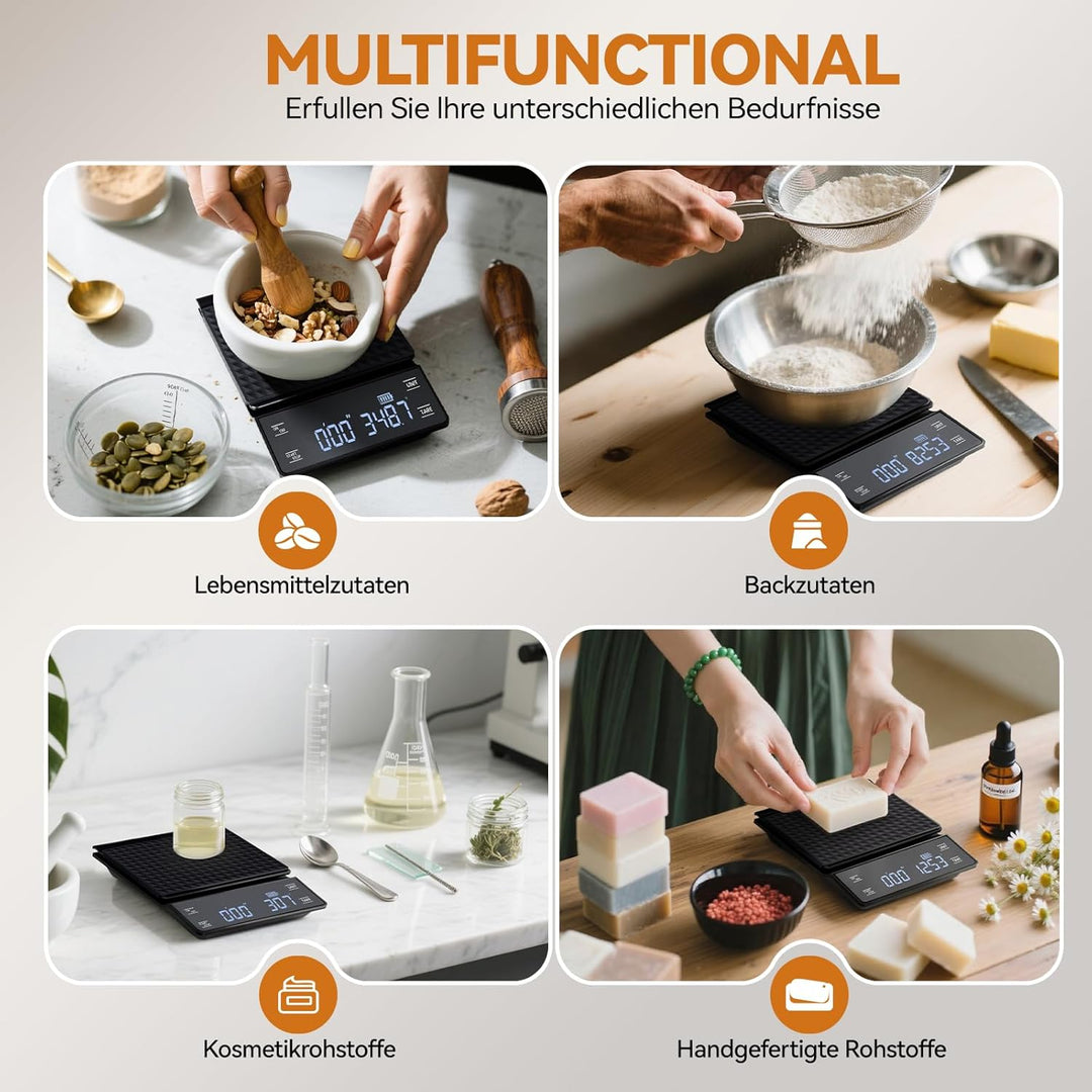 bemece USB Wiederaufladbare Digital kaffeewaage, Kaffeewaage mit Timer, Multifunktionale Küchenwaage