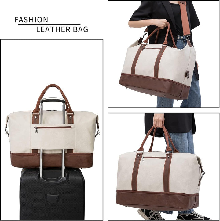 Reisetasche für die Nacht, Segeltuch, Leder, übergrosse Wochenendtasche, grosse Handgepäcktasche, Re