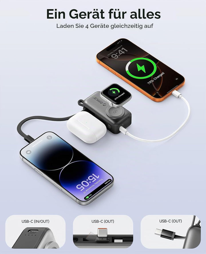 ORICO Mini Powerbank 5000mAh, PD 22,5W Externe Handyakkus mit Klappbarem USB-C Stecker &amp; USB-C Kabel