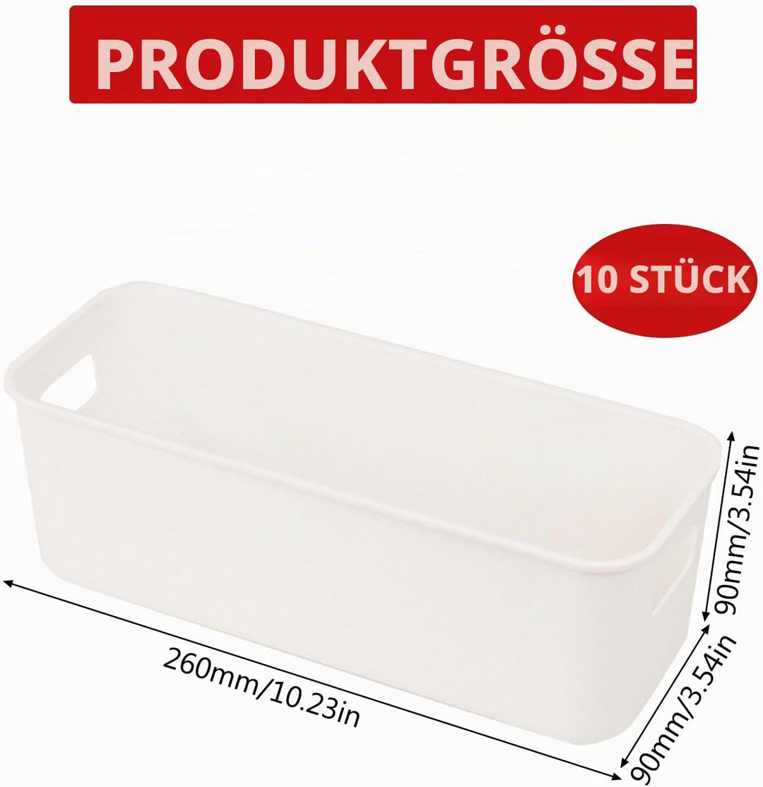 10 Stück Aufbewahrungsbox Kunststoff Weiss Aufbewahrungskorb mit Griffen 26,7x9,5x9 cm Küchenschrank