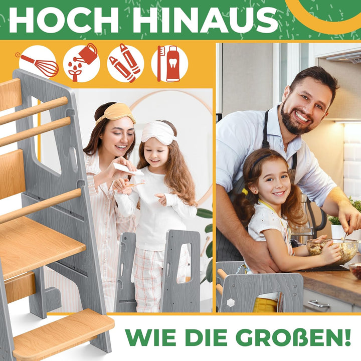 KIDIZ® Lernturm für Kinder ab 1 Jahr inkl. Lernuhr | 3-stufig Höhenverstellbarer Tritthocker aus Kie