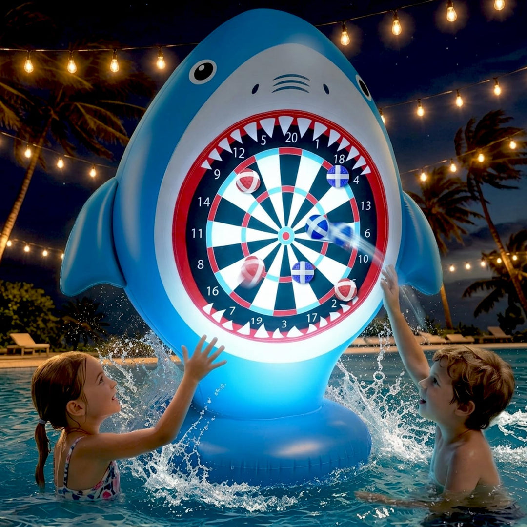 Aufblasbare Dartscheibe Hai für Pool, Wurfspiel mit 10 Klettbällen, Wasserspielzeug für Kinder & Erw
